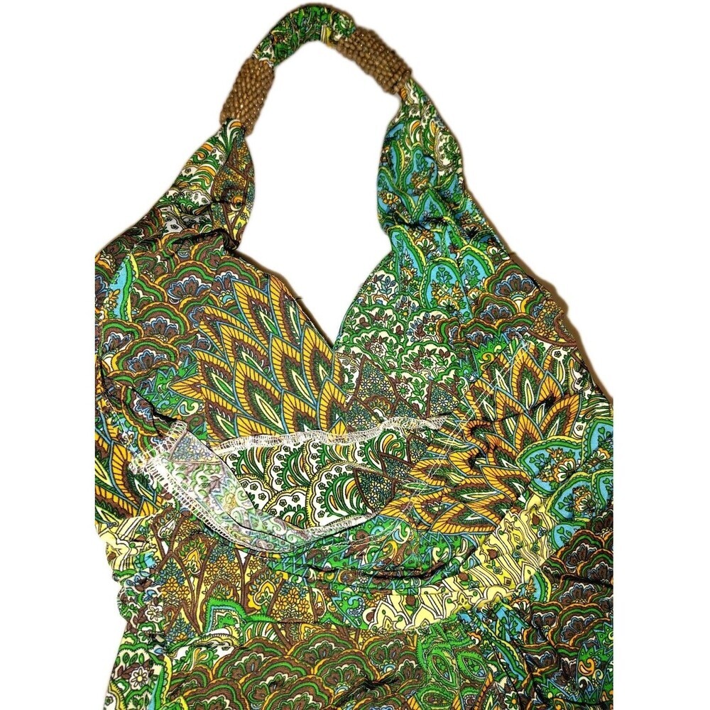 Cristinalove Peacock Paisley Halter Mini Dress Green Brown Boho Small - Picture 9 of 13